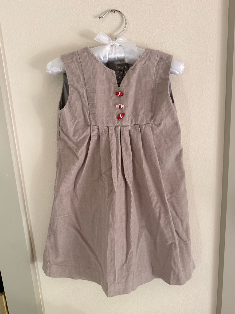 Vintage Girls' 4t Taupe Corduroy Dress with Red Candy Button Detail
